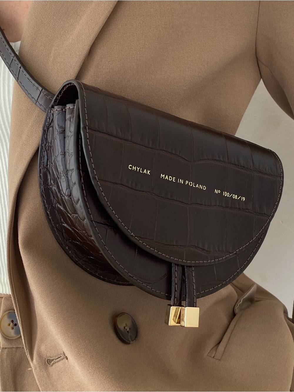Chylak Brown Croc-Embossed Half-Moon Saddle Belt Bag
